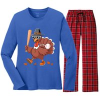 Baseball Turkey Thanksgiving Gift Mom Gift Women's Long Sleeve Flannel Pajama Set 