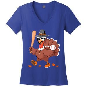 Baseball Turkey Thanksgiving Gift Mom Gift Women's V-Neck T-Shirt