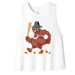 Baseball Turkey Thanksgiving Gift Mom Gift Women's Racerback Cropped Tank