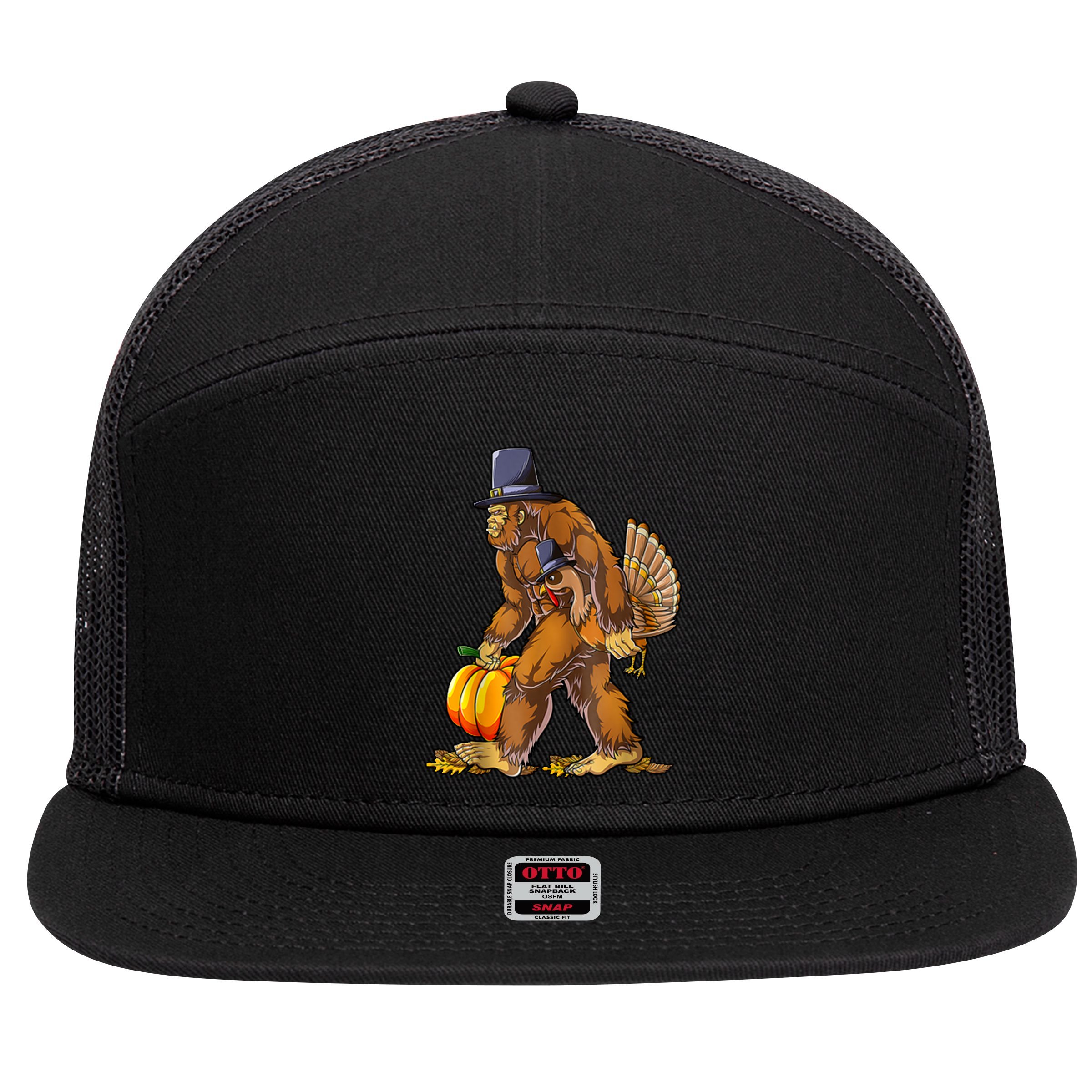 Bigfoot Turkey Thanksgiving Funny Holiday 7 Panel Mesh Trucker Snapback Hat