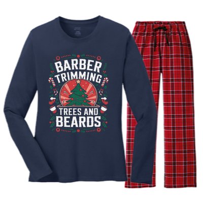 Barber Trimming Trees And Beards Christmas Barber Women's Long Sleeve Flannel Pajama Set 