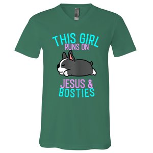 Boston Terrier This Girl Runs On Jesus And Boston Terriers V-Neck T-Shirt