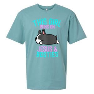 Boston Terrier This Girl Runs On Jesus And Boston Terriers Sueded Cloud Jersey T-Shirt