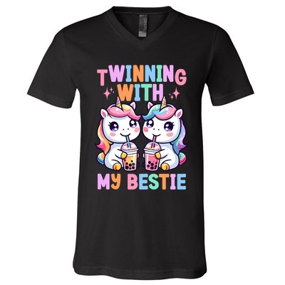 Boba Tea Unicorn Twinning With My Bestie Spirit Week Girl V-Neck T-Shirt