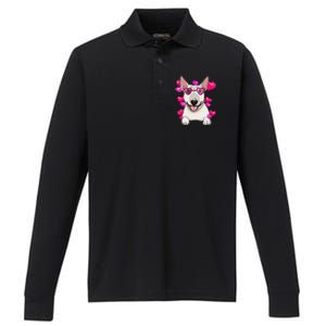 Bull Terrier Valentines Day Gift Heart Funny Dog Lover Gift Performance Long Sleeve Polo