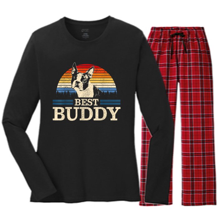 Boston Terrier Vintage Best Buddy Funny Dog Lover Gift Women's Long Sleeve Flannel Pajama Set 