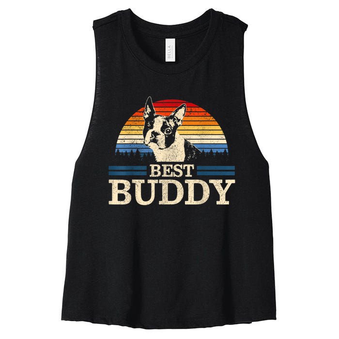 Boston Terrier Vintage Best Buddy Funny Dog Lover Gift Women's Racerback Cropped Tank