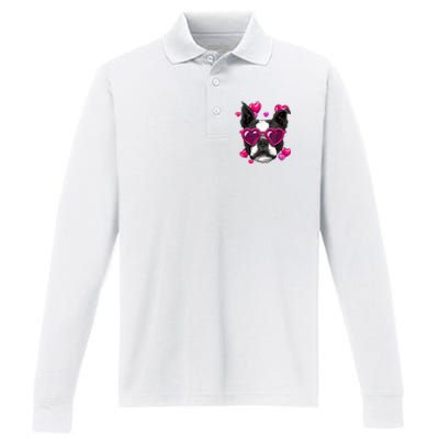 Boston Terrier Valentines Day Heart Dog Lover Performance Long Sleeve Polo