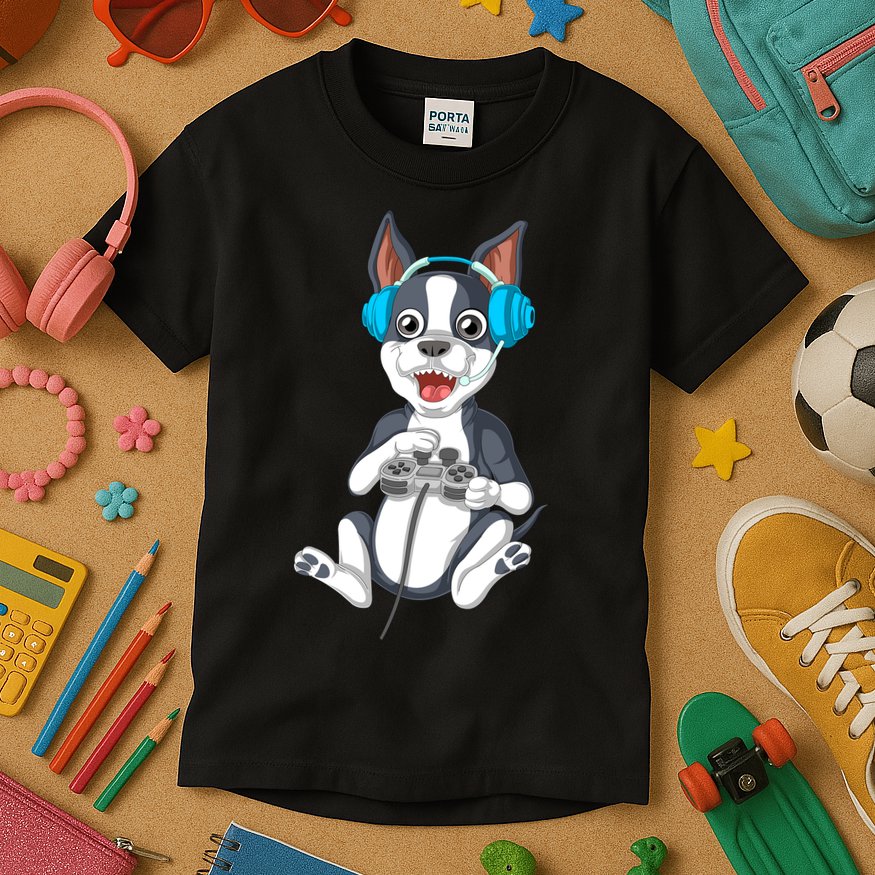 Boston Terrier Video Gamer Kids T-Shirt