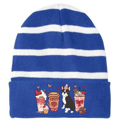 Boston Terrier Valentines Day Dog Mom Coffee Lovers Gift Striped Beanie with Solid Band