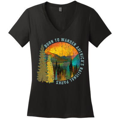 Born To Wander Americas National Parks Vintage Women's V-Neck T-Shirt