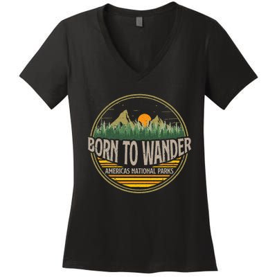 Born To Wander Americas National Parks Vintage Retro Women's V-Neck T-Shirt