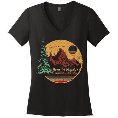 Born To Wander Americas National Parks Vintage Women's V-Neck T-Shirt