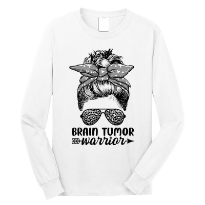 Brain Tumor Warrior Messy Bun Women Brain Tumor Awareness Long Sleeve Shirt