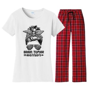 Brain Tumor Warrior Messy Bun Women Brain Tumor Awareness Women's Flannel Pajama Set