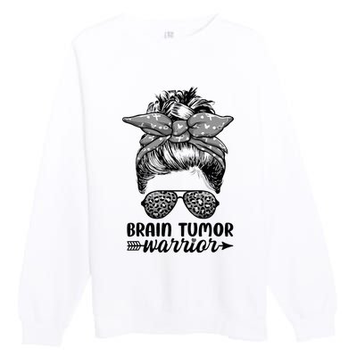 Brain Tumor Warrior Messy Bun Women Brain Tumor Awareness Premium Crewneck Sweatshirt