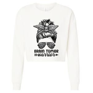 Brain Tumor Warrior Messy Bun Women Brain Tumor Awareness Cropped Pullover Crew