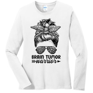 Brain Tumor Warrior Messy Bun Women Brain Tumor Awareness Ladies Long Sleeve Shirt