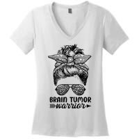 Brain Tumor Warrior Messy Bun Women Brain Tumor Awareness Women's V-Neck T-Shirt