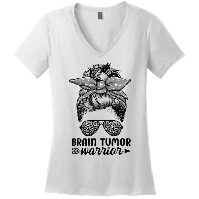 Brain Tumor Warrior Messy Bun Women Brain Tumor Awareness Women's V-Neck T-Shirt