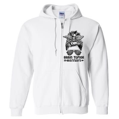 Brain Tumor Warrior Messy Bun Women Brain Tumor Awareness Full Zip Hoodie