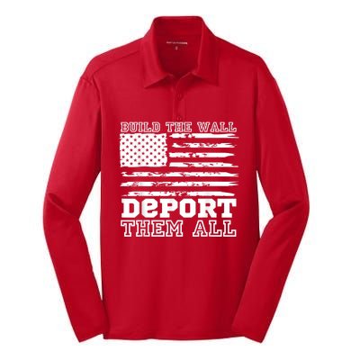 Build The Wall Deport Them All America Flag Silk Touch Performance Long Sleeve Polo