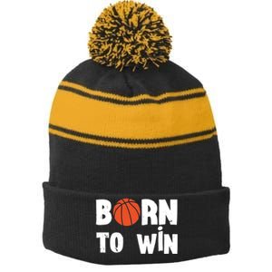 Born To Win Basketball Bball Baller Playing Basketball Stripe Pom Pom Beanie