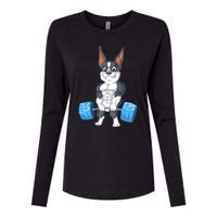 Boston Terrier Weightlifting Womens Cotton Relaxed Long Sleeve T-Shirt