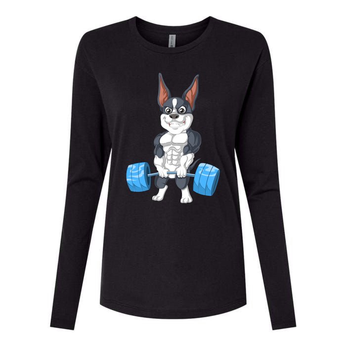 Boston Terrier Weightlifting Womens Cotton Relaxed Long Sleeve T-Shirt