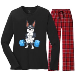 Boston Terrier Weightlifting Women's Long Sleeve Flannel Pajama Set 