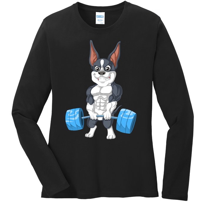 Boston Terrier Weightlifting Ladies Long Sleeve Shirt