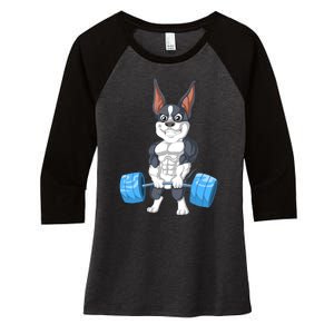 Boston Terrier Weightlifting Women's Tri-Blend 3/4-Sleeve Raglan Shirt