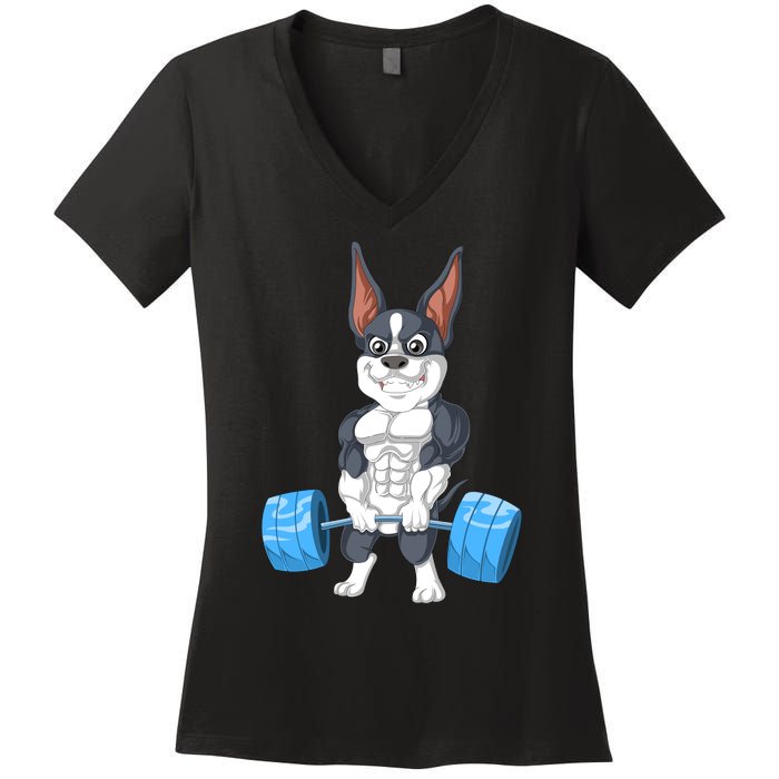 Boston Terrier Weightlifting Women's V-Neck T-Shirt