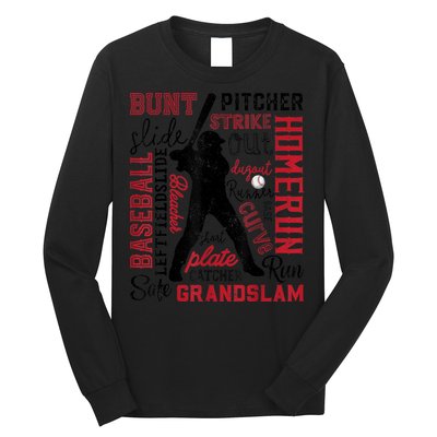 Baseball Typography Word Art Boys Vintage Player Batter Long Sleeve Shirt