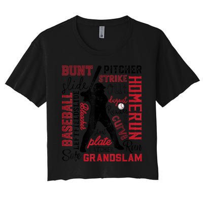 Baseball Typography Word Art Boys Vintage Player Batter Women's Crop Top Tee