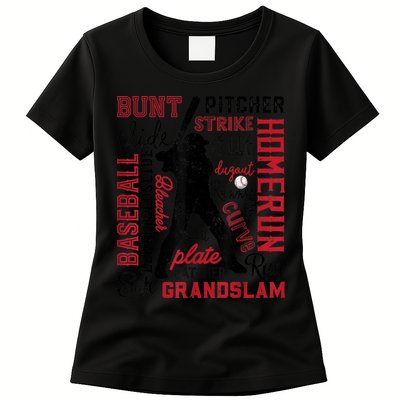 Baseball Typography Word Art Boys Vintage Player Batter Womens T-Shirt