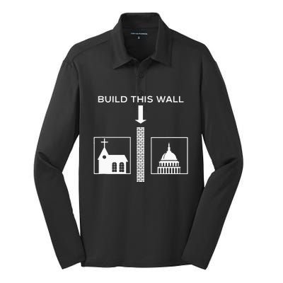 Build This Wall Ironic Separate Church And State Funny Silk Touch Performance Long Sleeve Polo