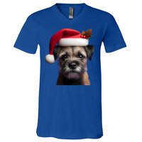 Border Terrier With Santa Hat Christmas Dog Owner Lover Mom Gift V-Neck T-Shirt