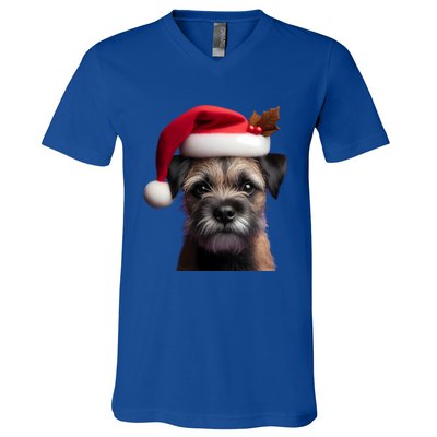 Border Terrier With Santa Hat Christmas Dog Owner Lover Mom Gift V-Neck T-Shirt