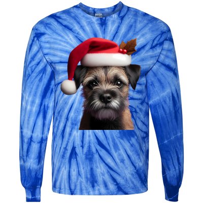 Border Terrier With Santa Hat Christmas Dog Owner Lover Mom Gift Tie-Dye Long Sleeve Shirt