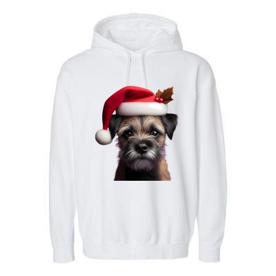 Border Terrier With Santa Hat Christmas Dog Owner Lover Mom Gift Garment-Dyed Fleece Hoodie