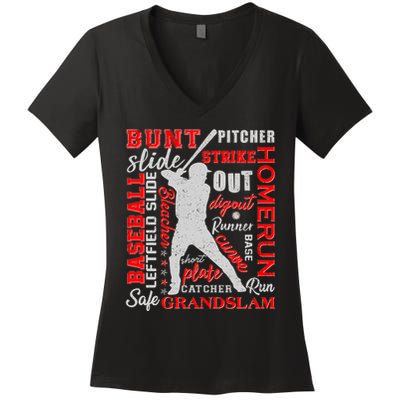Baseball Typography Word Art Women's V-Neck T-Shirt