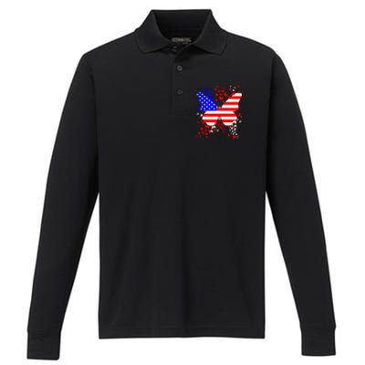 Butterfly Usa 4th July American Flag Patriotic Gift Performance Long Sleeve Polo