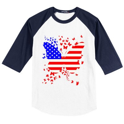 Butterfly Usa 4th July American Flag Patriotic Gift Baseball Sleeve Shirt