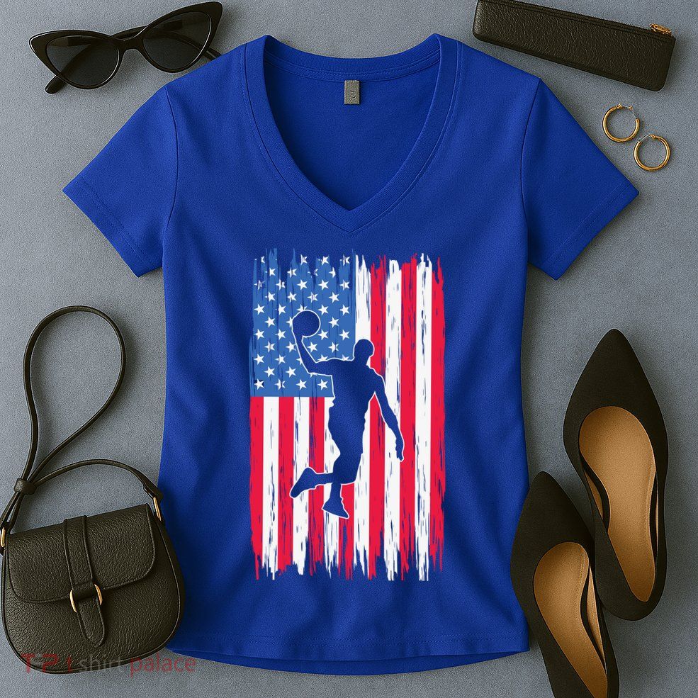 Basketball USA American Flag Bball Coach Team Player Women's V-Neck T-Shirt