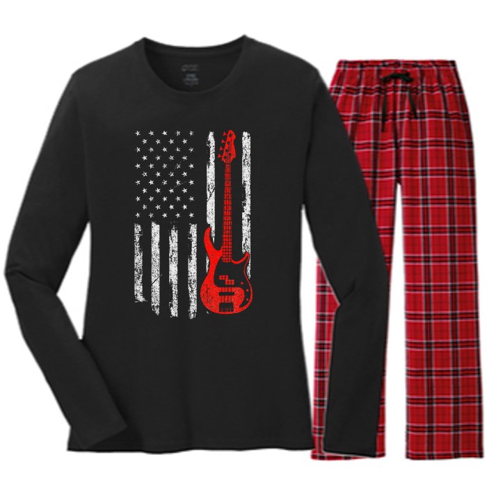 Bassist Usa American Flag Bass Guitar Player Musician Women's Long Sleeve Flannel Pajama Set 