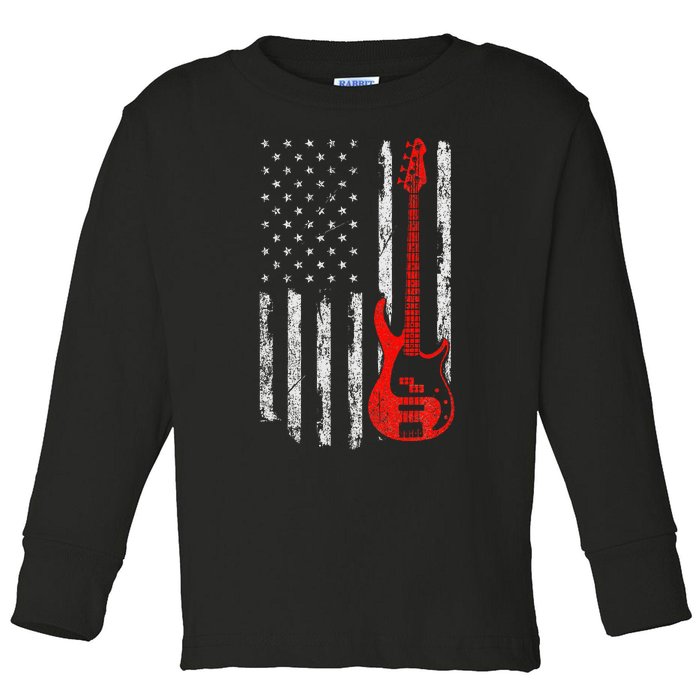 Bassist Usa American Flag Bass Guitar Player Musician Toddler Long Sleeve Shirt