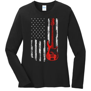 Bassist Usa American Flag Bass Guitar Player Musician Ladies Long Sleeve Shirt