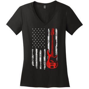 Bassist Usa American Flag Bass Guitar Player Musician Women's V-Neck T-Shirt