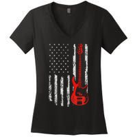 Bassist Usa American Flag Bass Guitar Player Musician Women's V-Neck T-Shirt